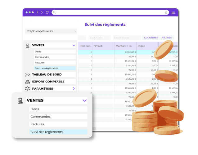 Fonctionnalités de suivi des règlements zenfirst facture