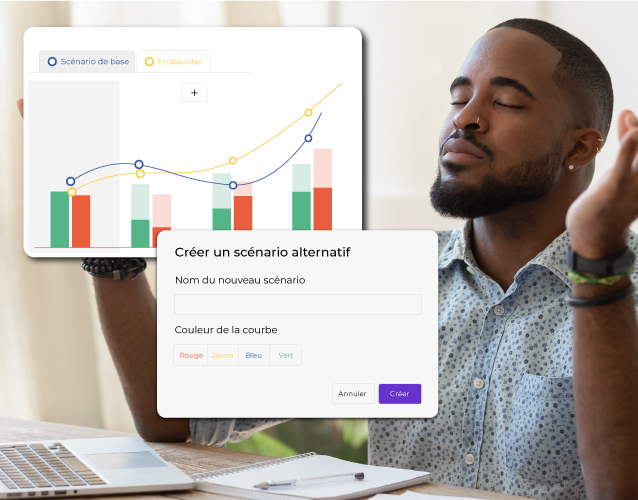 Homme détendu devant une interface Zenfirst Tréso permettant de créer un scénario financier avec graphiques comparatifs.