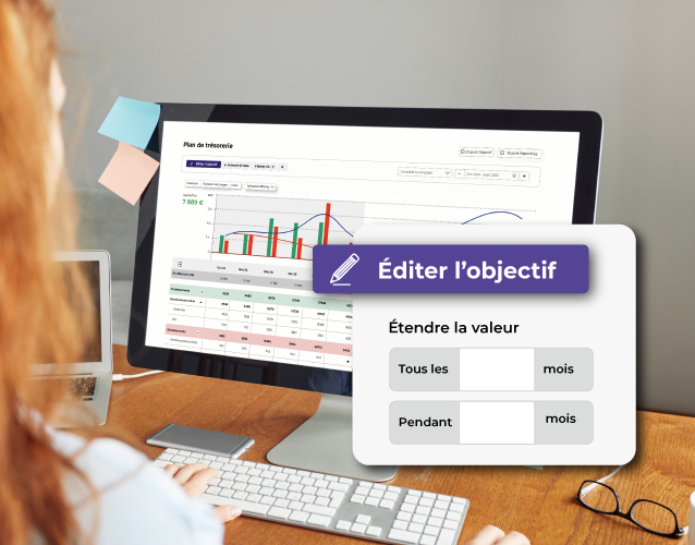 Une cheffe d'entreprise réalise son prévisionnel de trésorerie sur un écran d’ordinateur affichant un graphique financier et une fenêtre contextuelle intitulée « Éditer l’objectif ».