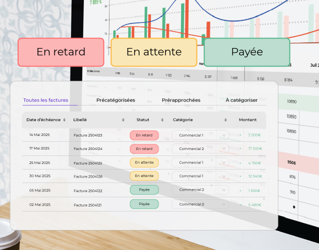 Interface du logiciel Zenfirst Tréso affichant une liste de factures avec leur statut : « En retard » en rouge, « En attente » en jaune et « Payée » en vert.