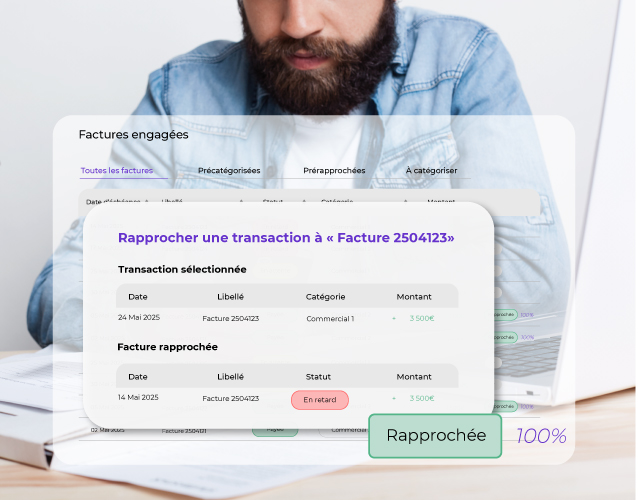 Écran du logiciel Zenfirst Tréso affichant le rapprochement d’une facture à une transaction bancaire, avec les détails des montants et statuts. En arrière-plan, un homme consulte l’écran de son ordinateur portable.